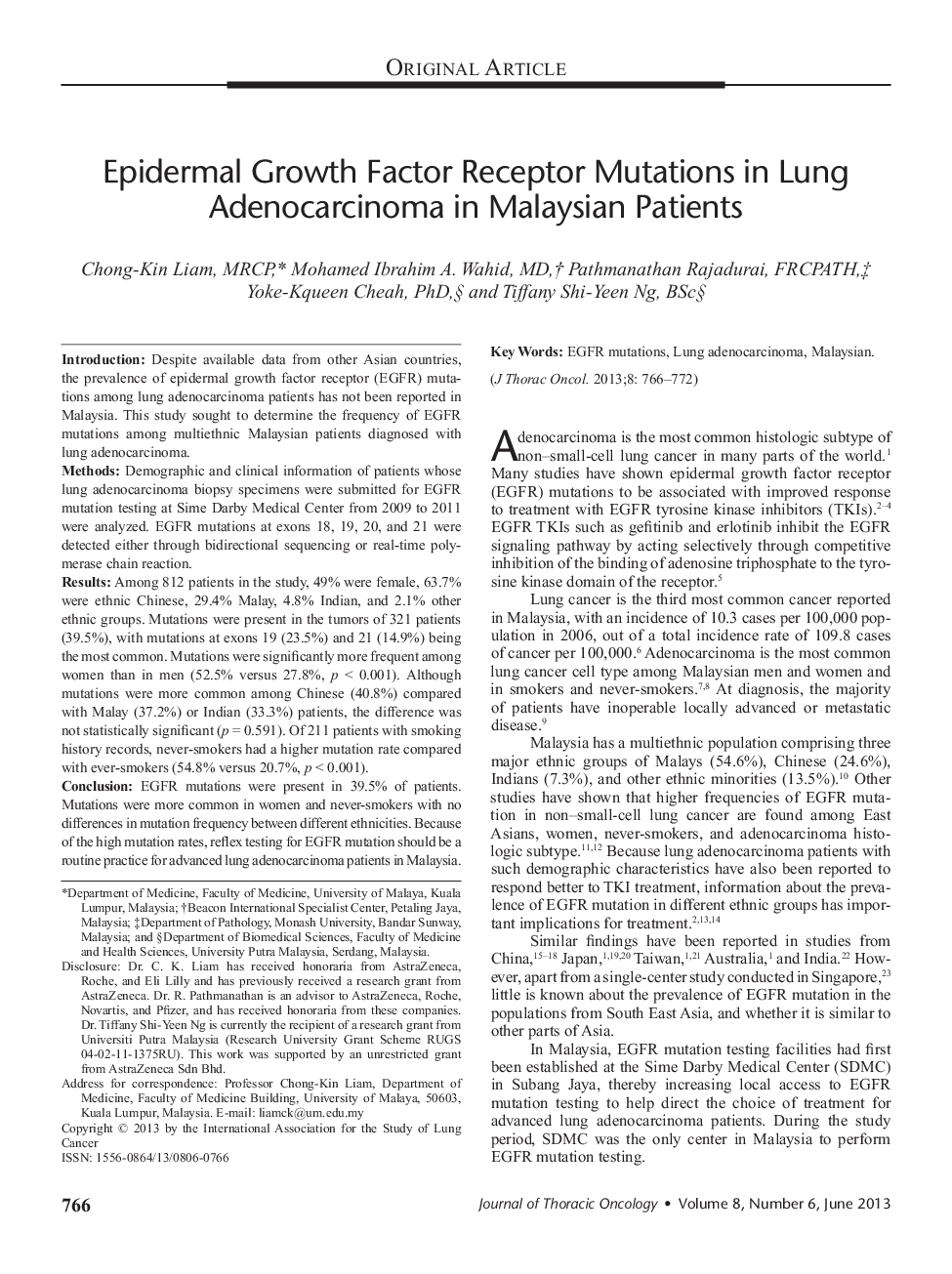 Epidermal Growth Factor Receptor Mutations in Lung Adenocarcinoma in Malaysian Patients 