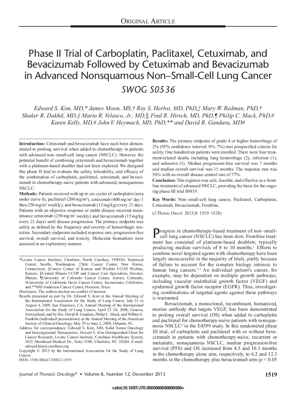 عکس صفحه اول مقاله: Phase II Trial of Carboplatin, Paclitaxel, Cetuximab, and Bevacizumab Followed by Cetuximab and Bevacizumab in Advanced Nonsquamous Non–Small-Cell Lung Cancer: SWOG S0536 Phase II Trial of Carboplatin, Paclitaxel, Cetuximab, and Bevacizumab Followed by Cetuximab and Bevacizumab in Advanced Nonsquamous Non–Small-Cell Lung Cancer: SWOG S0536
