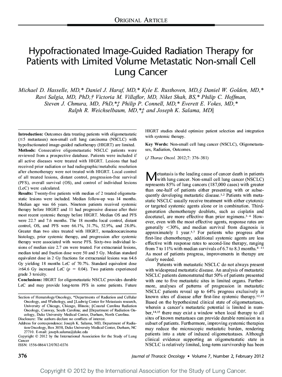 Hypofractionated Image-Guided Radiation Therapy for Patients with Limited Volume Metastatic Non-small Cell Lung Cancer 