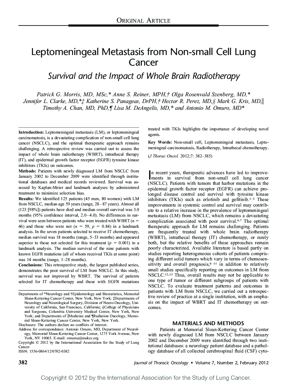 Leptomeningeal Metastasis from Non-small Cell Lung Cancer: Survival and the Impact of Whole Brain Radiotherapy 