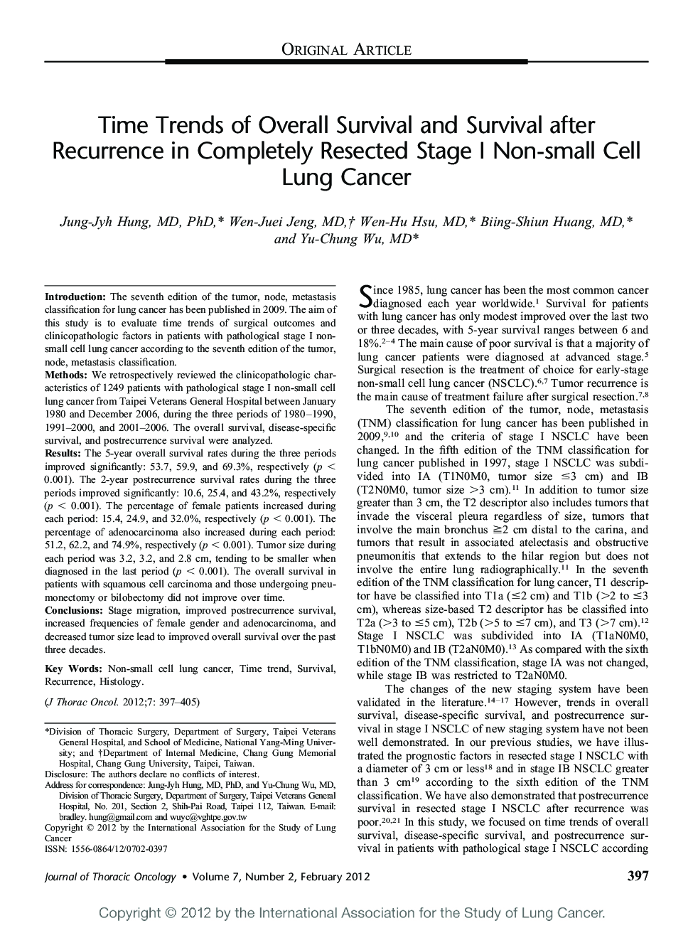 Time Trends of Overall Survival and Survival after Recurrence in Completely Resected Stage I Non-small Cell Lung Cancer 