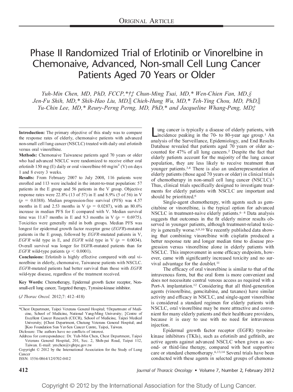 Phase II Randomized Trial of Erlotinib or Vinorelbine in Chemonaive, Advanced, Non-small Cell Lung Cancer Patients Aged 70 Years or Older 