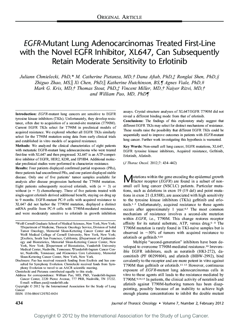 EGFR-Mutant Lung Adenocarcinomas Treated First-Line with the Novel EGFR Inhibitor, XL647, Can Subsequently Retain Moderate Sensitivity to Erlotinib 