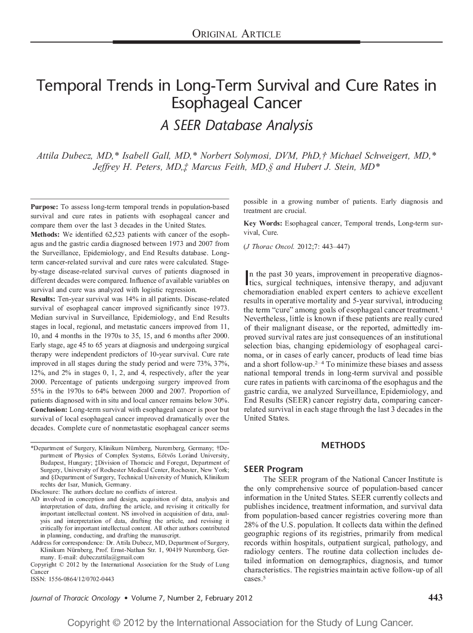 Temporal Trends in Long-Term Survival and Cure Rates in Esophageal Cancer: A SEER Database Analysis 