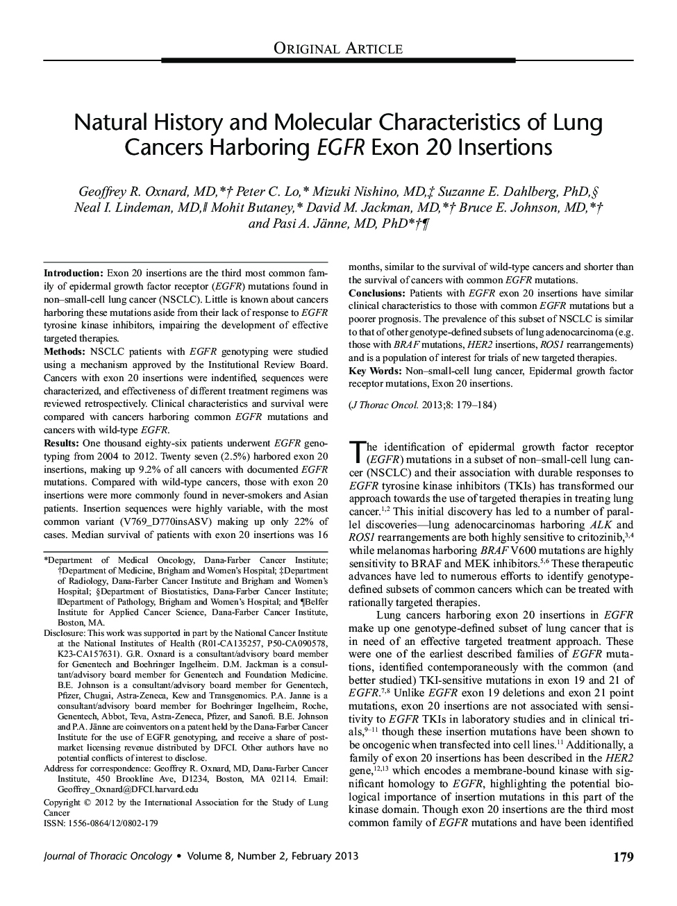 Natural History and Molecular Characteristics of Lung Cancers Harboring EGFR Exon 20 Insertions 