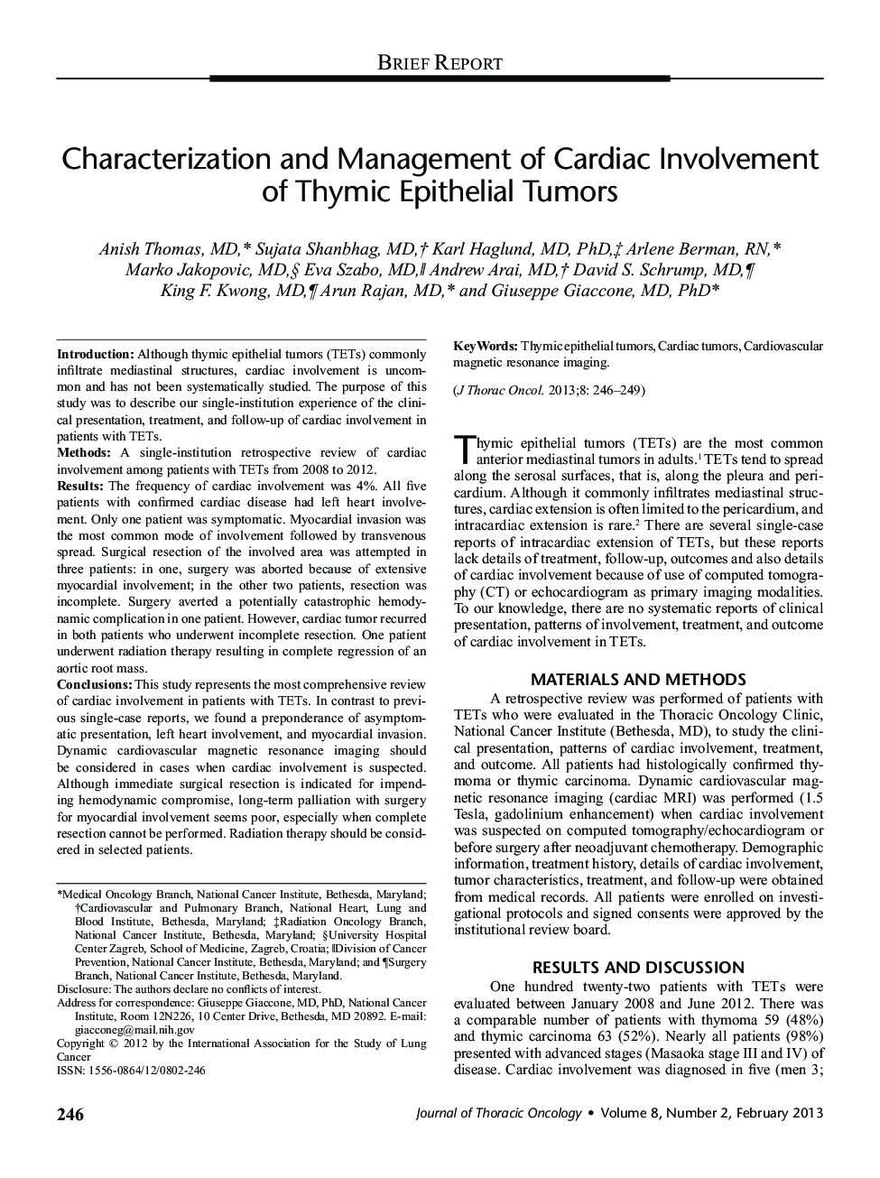 Characterization and Management of Cardiac Involvement of Thymic Epithelial Tumors 