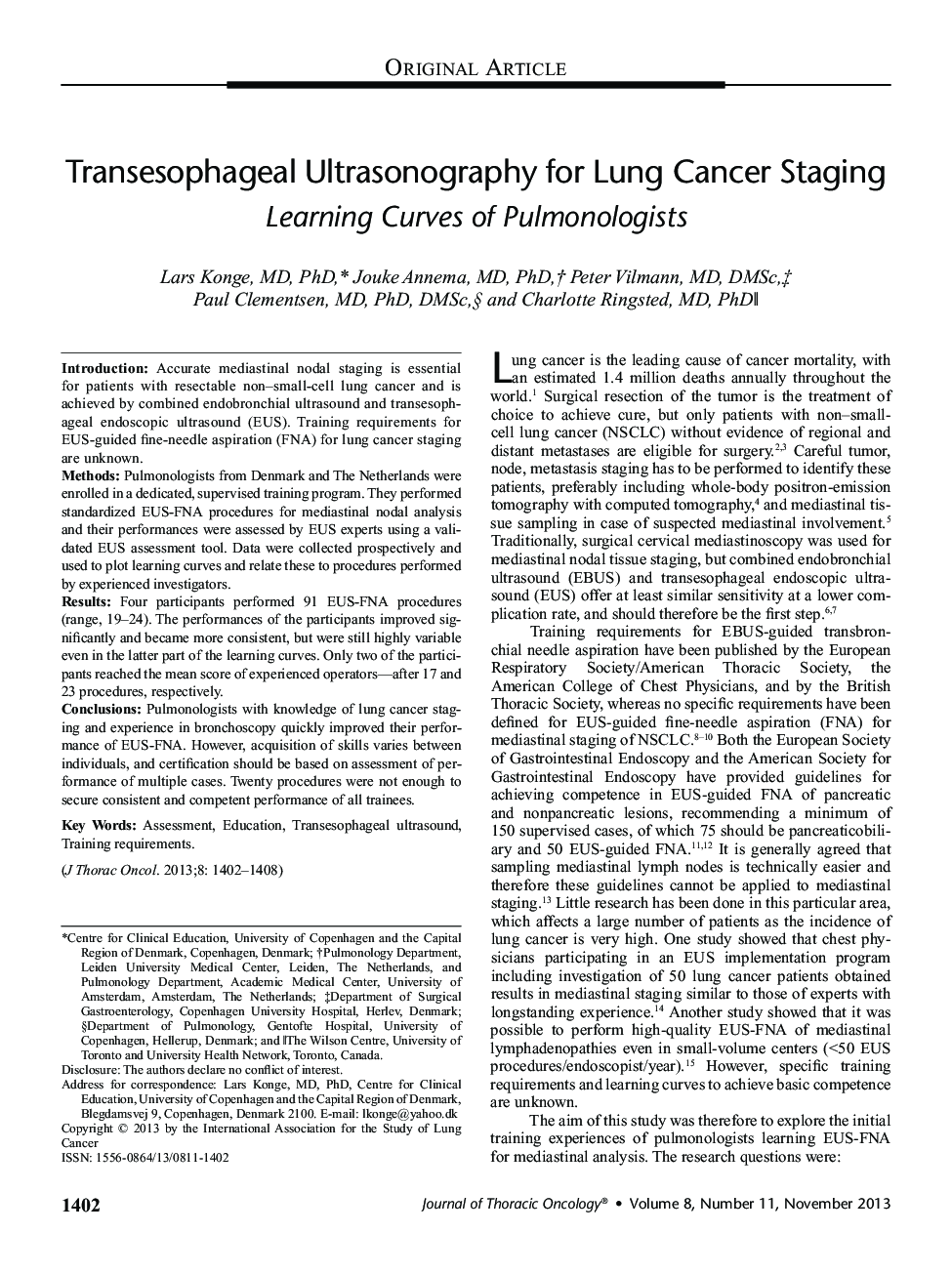 Transesophageal Ultrasonography for Lung Cancer Staging: Learning Curves of Pulmonologists 