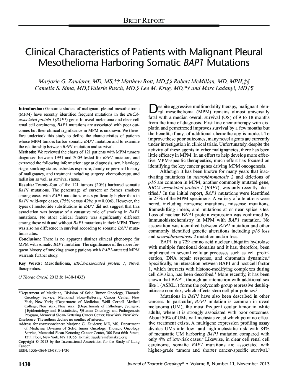 Clinical Characteristics of Patients with Malignant Pleural Mesothelioma Harboring Somatic BAP1 Mutations 