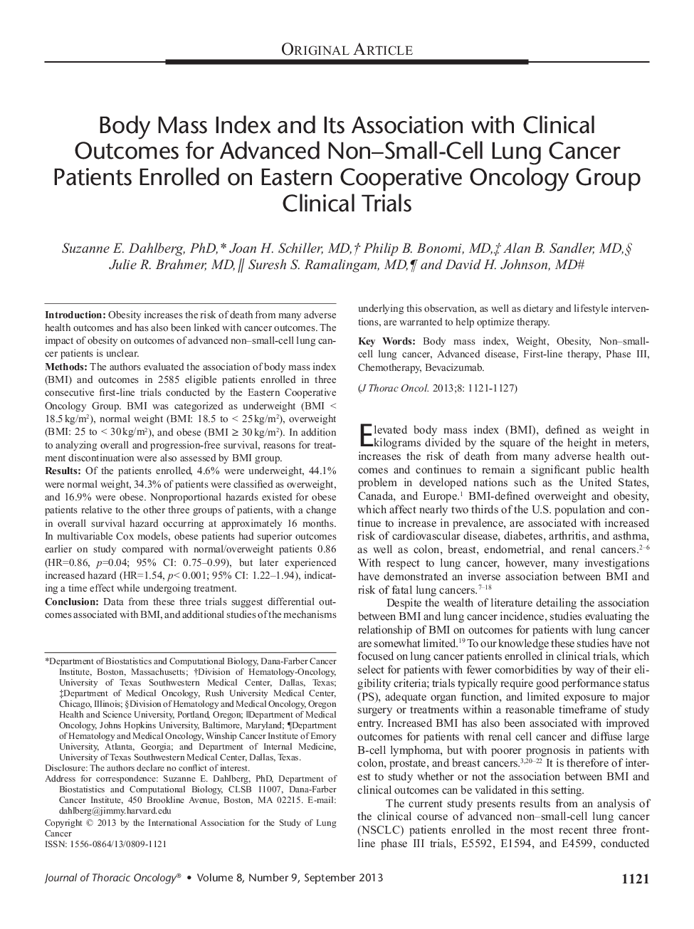 Body Mass Index and Its Association with Clinical Outcomes for Advanced Non–Small-Cell Lung Cancer Patients Enrolled on Eastern Cooperative Oncology Group Clinical Trials 