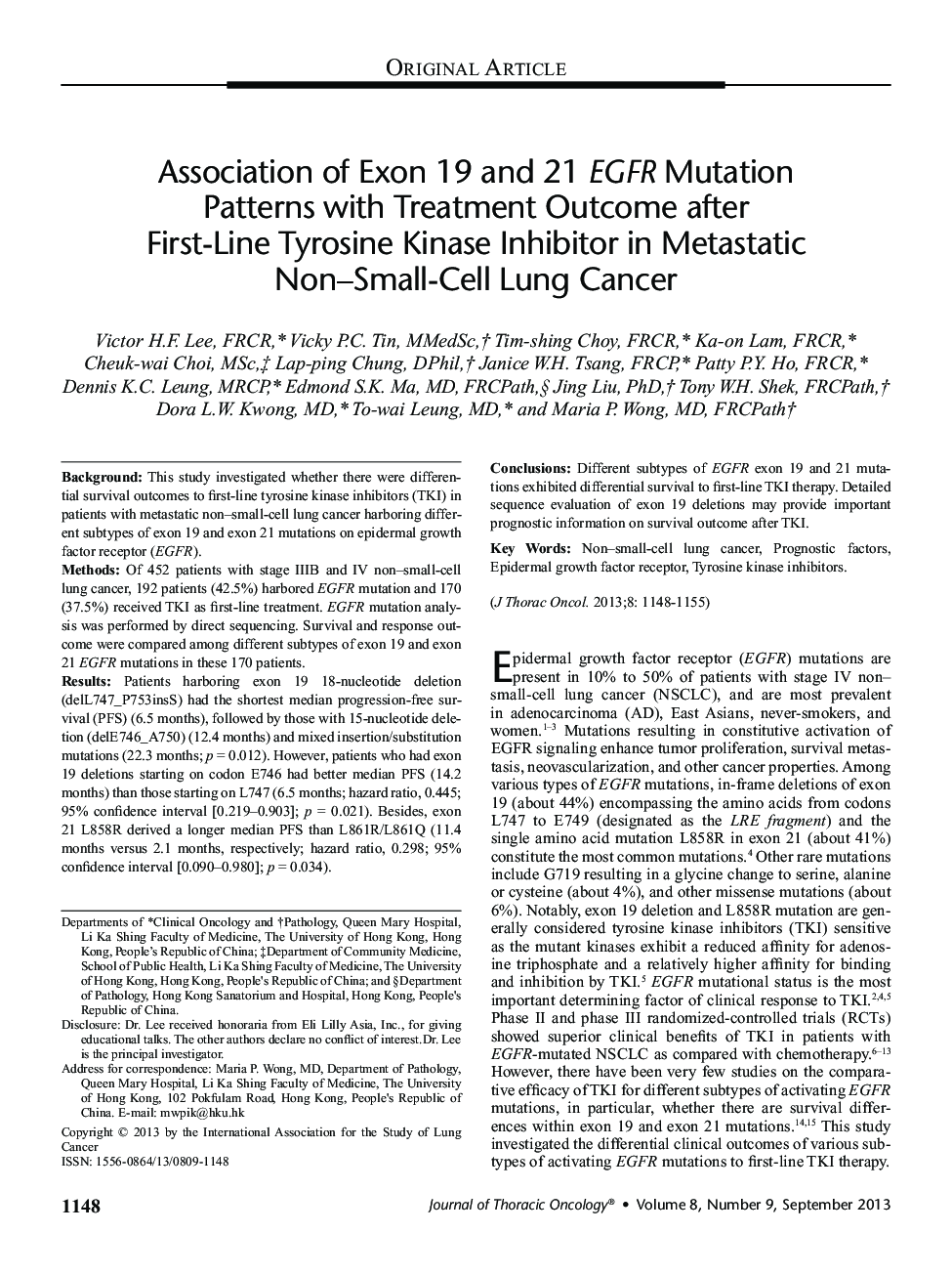 Association of Exon 19 and 21 EGFR Mutation Patterns with Treatment Outcome after First-Line Tyrosine Kinase Inhibitor in Metastatic Non–Small-Cell Lung Cancer 