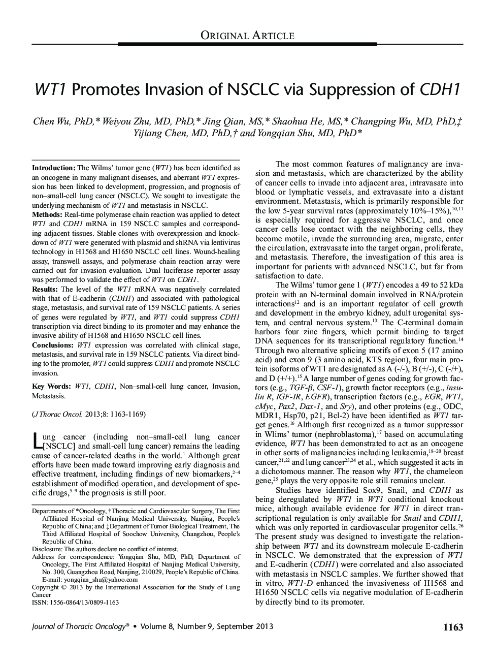 WT1 Promotes Invasion of NSCLC via Suppression of CDH1 