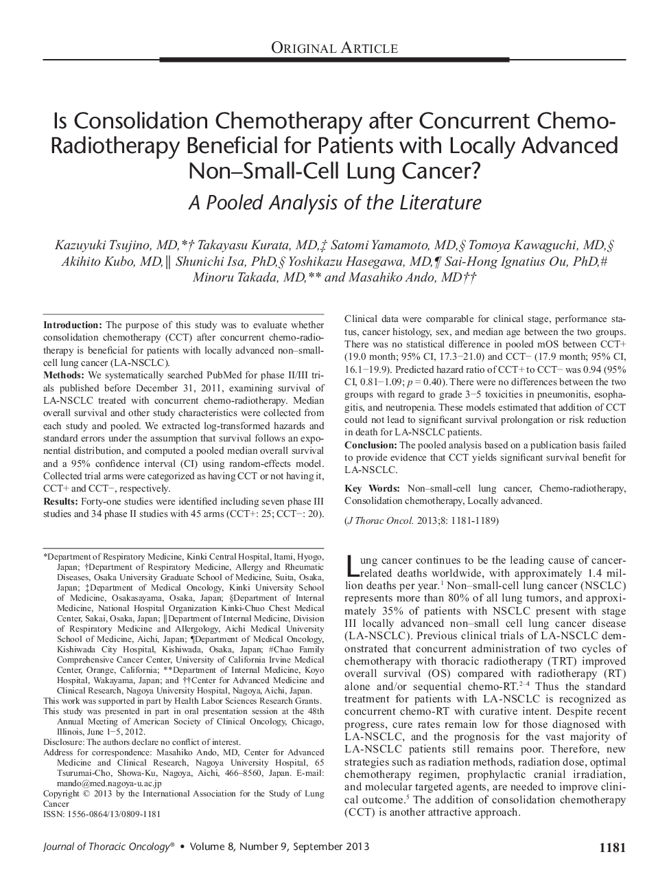 Is Consolidation Chemotherapy after Concurrent Chemo-Radiotherapy Beneficial for Patients with Locally Advanced Non–Small-Cell Lung Cancer?: A Pooled Analysis of the Literature 