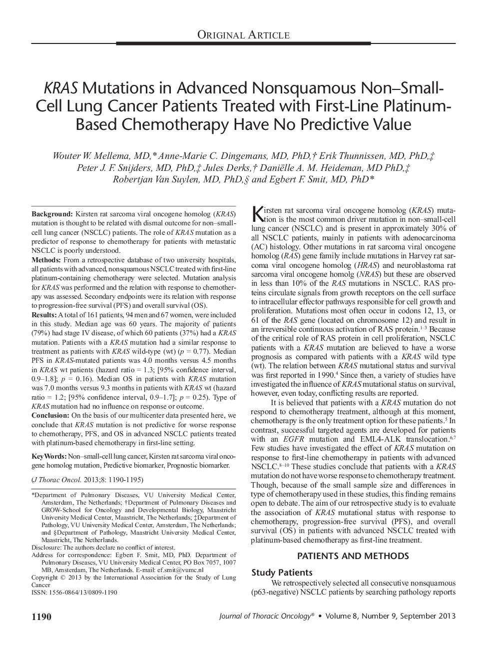 KRAS Mutations in Advanced Nonsquamous Non–Small-Cell Lung Cancer Patients Treated with First-Line Platinum-Based Chemotherapy Have No Predictive Value 