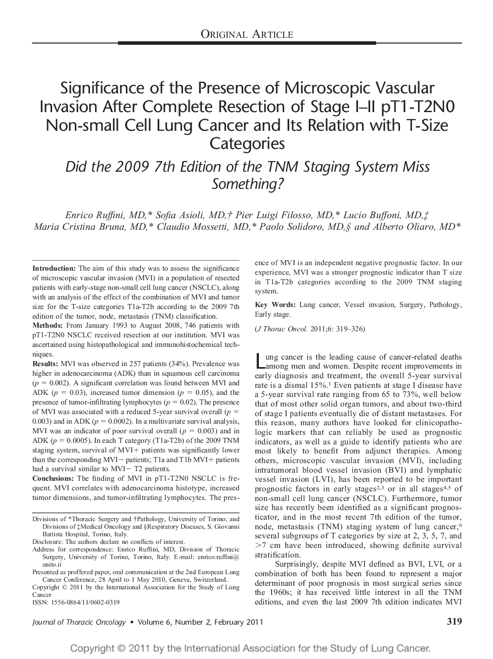 Significance of the Presence of Microscopic Vascular Invasion After Complete Resection of Stage I–II pT1-T2N0 Non-small Cell Lung Cancer and Its Relation with T-Size Categories: Did the 2009 7th Edition of the TNM Staging System Miss Something? 