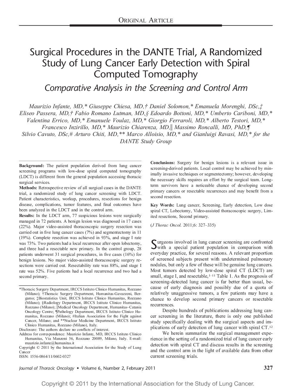Surgical Procedures in the DANTE Trial, A Randomized Study of Lung Cancer Early Detection with Spiral Computed Tomography: Comparative Analysis in the Screening and Control Arm 