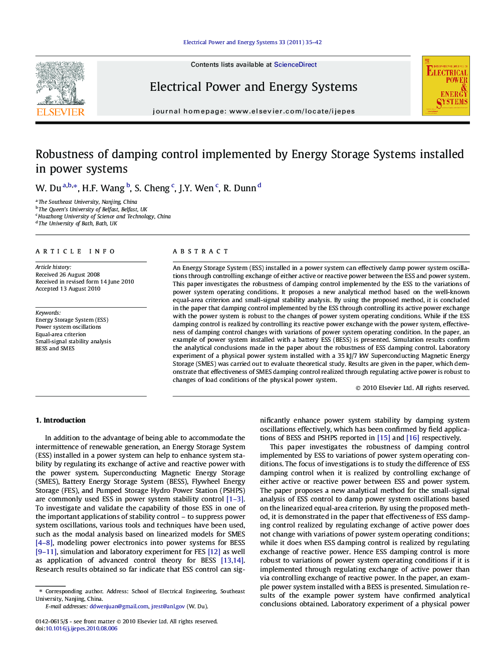 عکس صفحه اول مقاله: Robustness of damping control implemented by Energy Storage Systems installed in power systems Robustness of damping control implemented by Energy Storage Systems installed in power systems