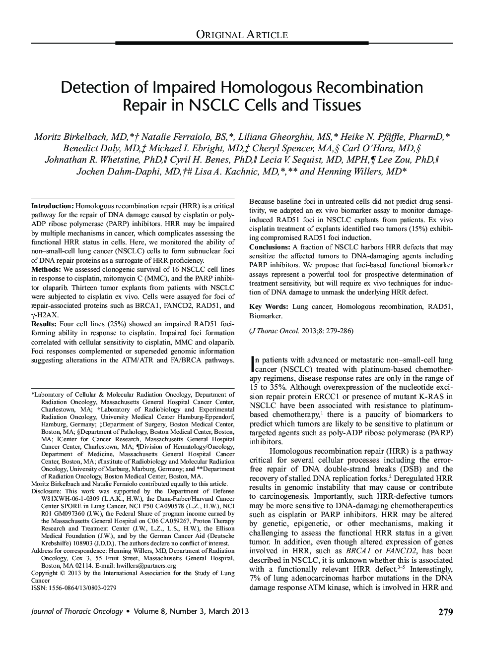 Detection of Impaired Homologous Recombination Repair in NSCLC Cells and Tissues 