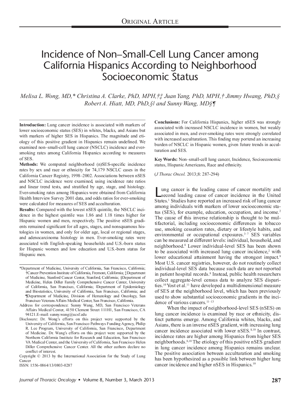 Incidence of Non–Small-Cell Lung Cancer among California Hispanics According to Neighborhood Socioeconomic Status 