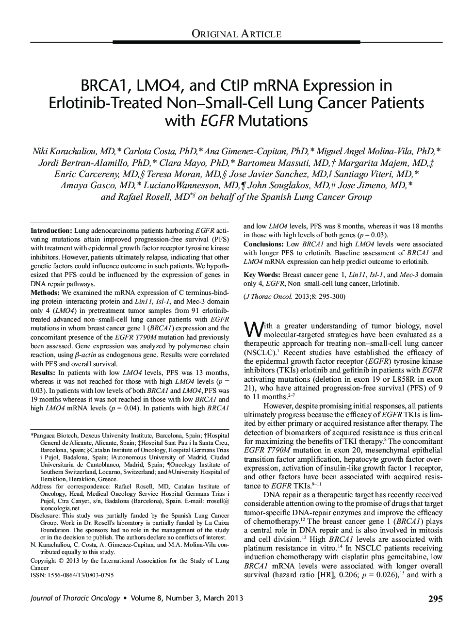 BRCA1, LMO4, and CtIP mRNA Expression in Erlotinib-Treated Non–Small-Cell Lung Cancer Patients with EGFR Mutations 