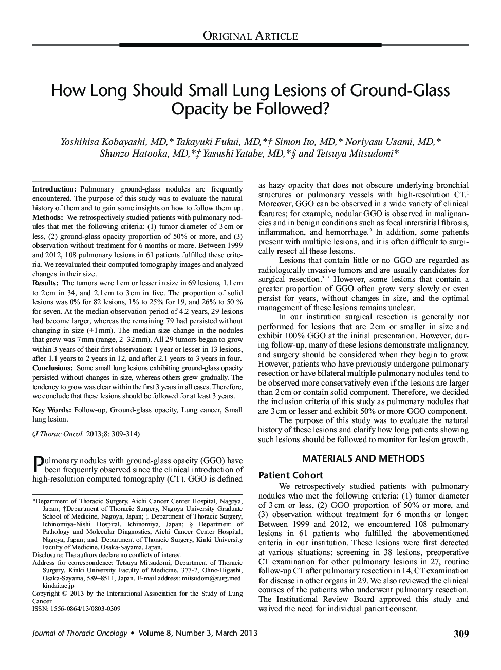 How Long Should Small Lung Lesions of Ground-Glass Opacity be Followed? 