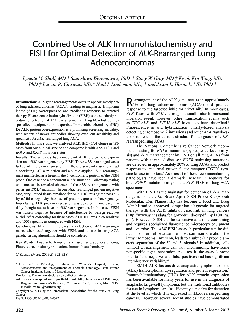 Combined Use of ALK Immunohistochemistry and FISH for Optimal Detection of ALK-Rearranged Lung Adenocarcinomas 