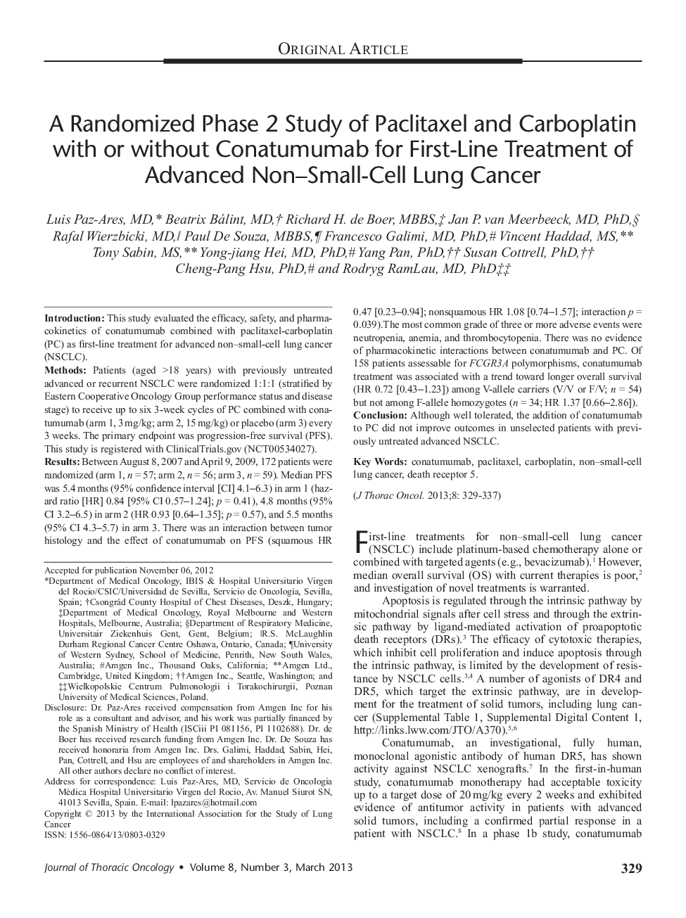 A Randomized Phase 2 Study of Paclitaxel and Carboplatin with or without Conatumumab for First-Line Treatment of Advanced Non–Small-Cell Lung Cancer 