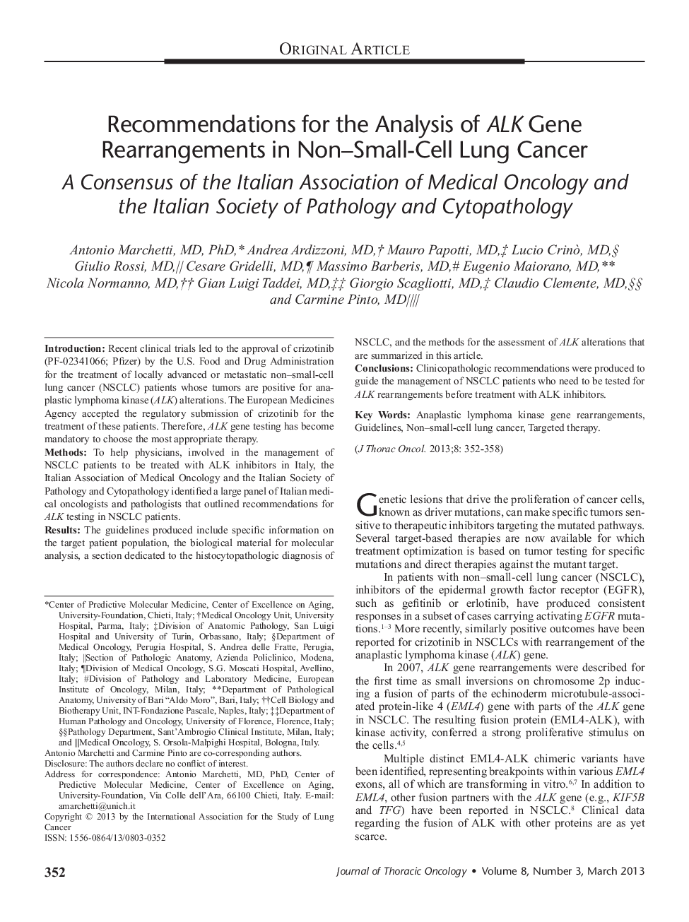 Recommendations for the Analysis of ALK Gene Rearrangements in Non–Small-Cell Lung Cancer: A Consensus of the Italian Association of Medical Oncology and the Italian Society of Pathology and Cytopathology 
