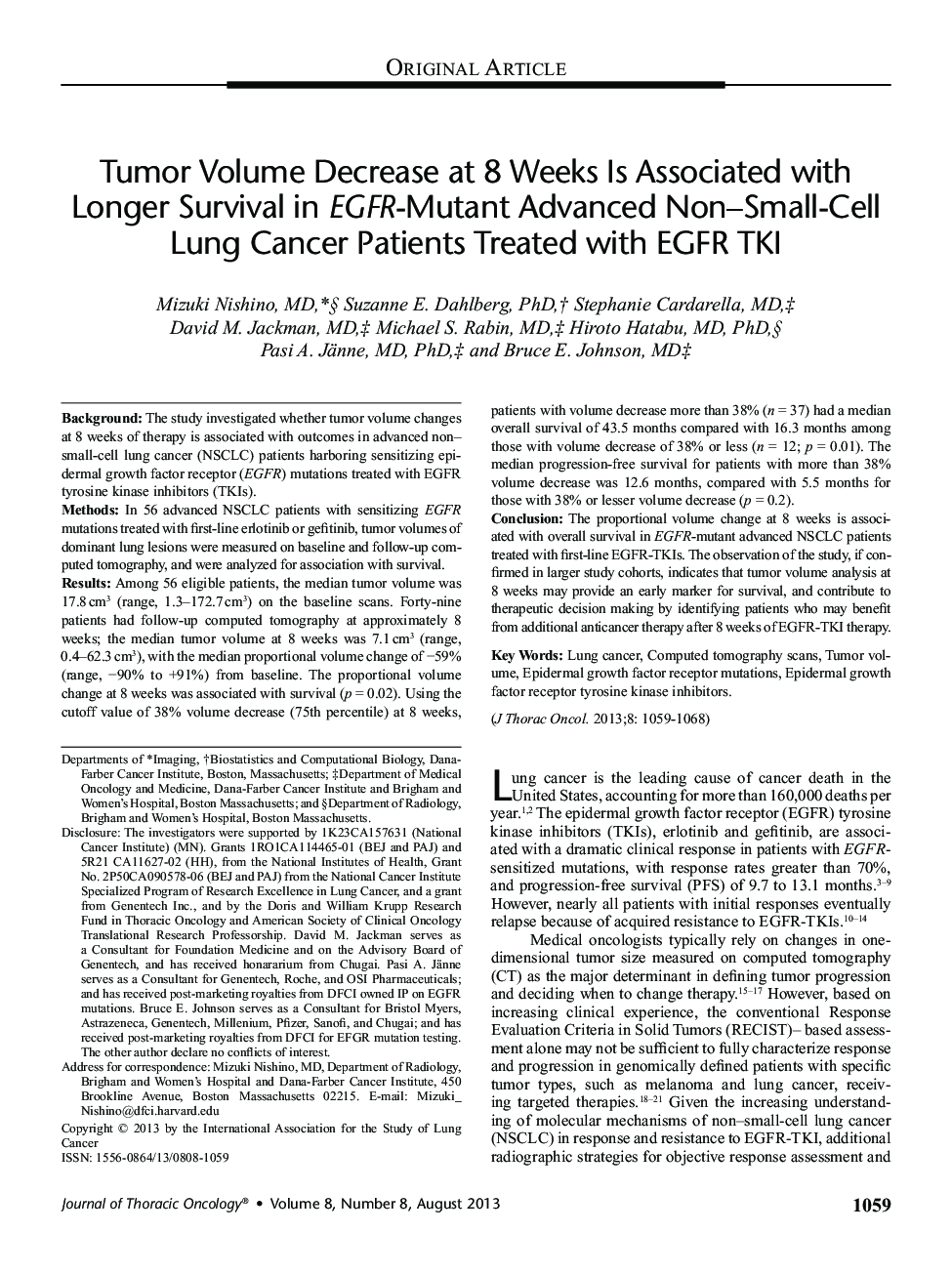 Tumor Volume Decrease at 8 Weeks Is Associated with Longer Survival in EGFR-Mutant Advanced Non–Small-Cell Lung Cancer Patients Treated with EGFR TKI 