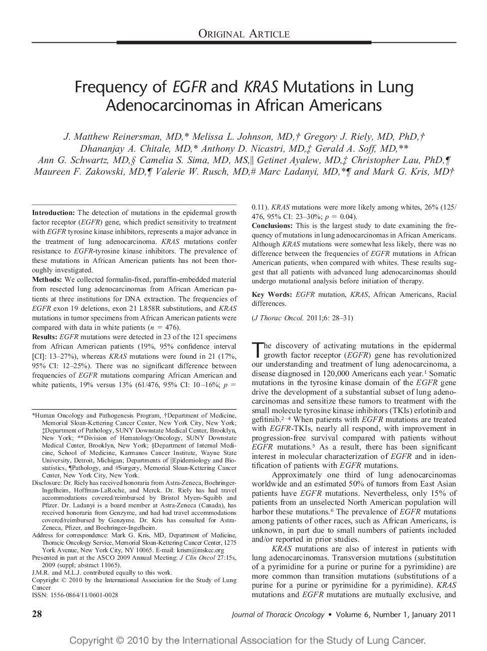 Frequency of EGFR and KRAS Mutations in Lung Adenocarcinomas in African Americans 