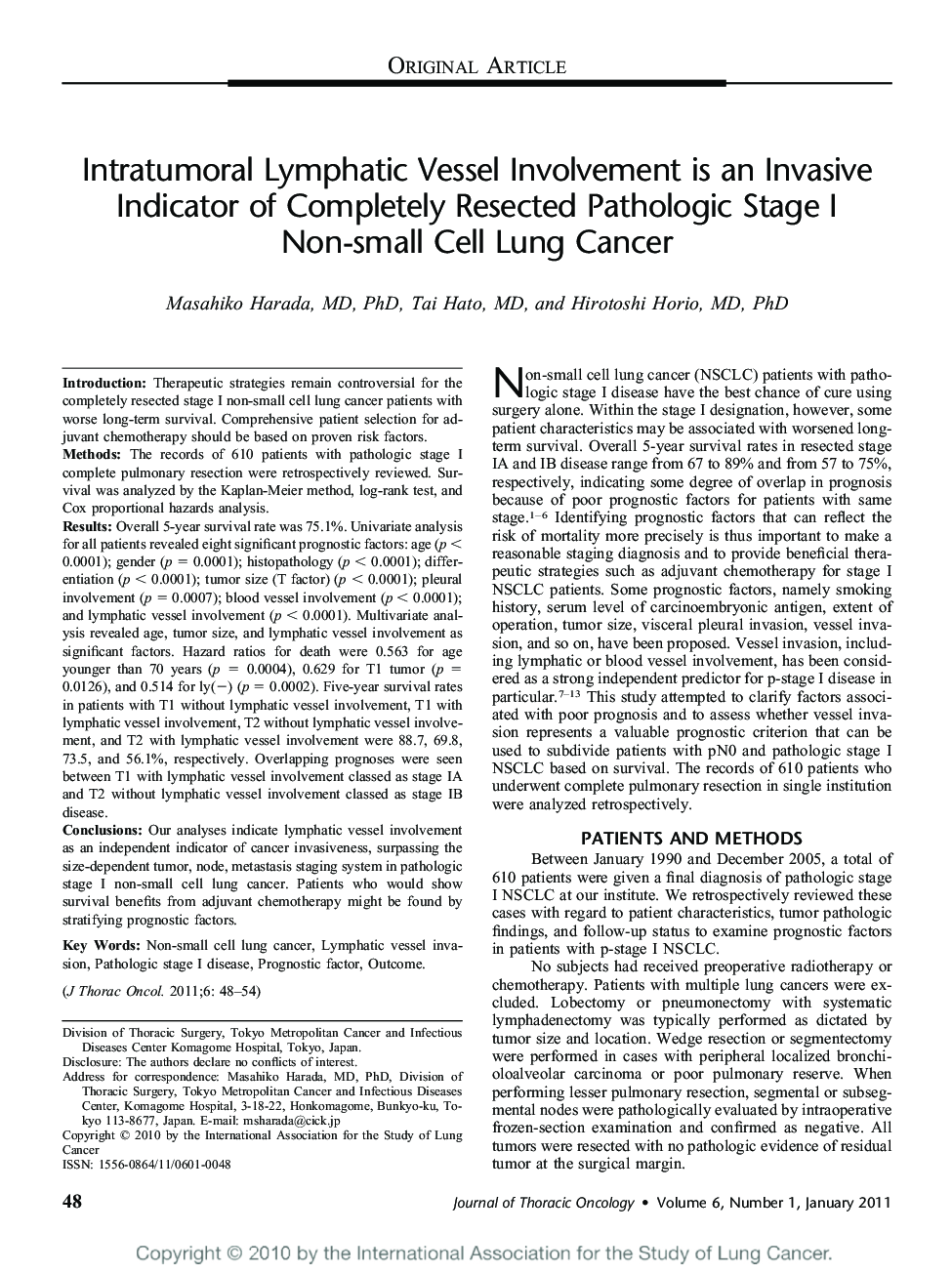 Intratumoral Lymphatic Vessel Involvement is an Invasive Indicator of Completely Resected Pathologic Stage I Non-small Cell Lung Cancer