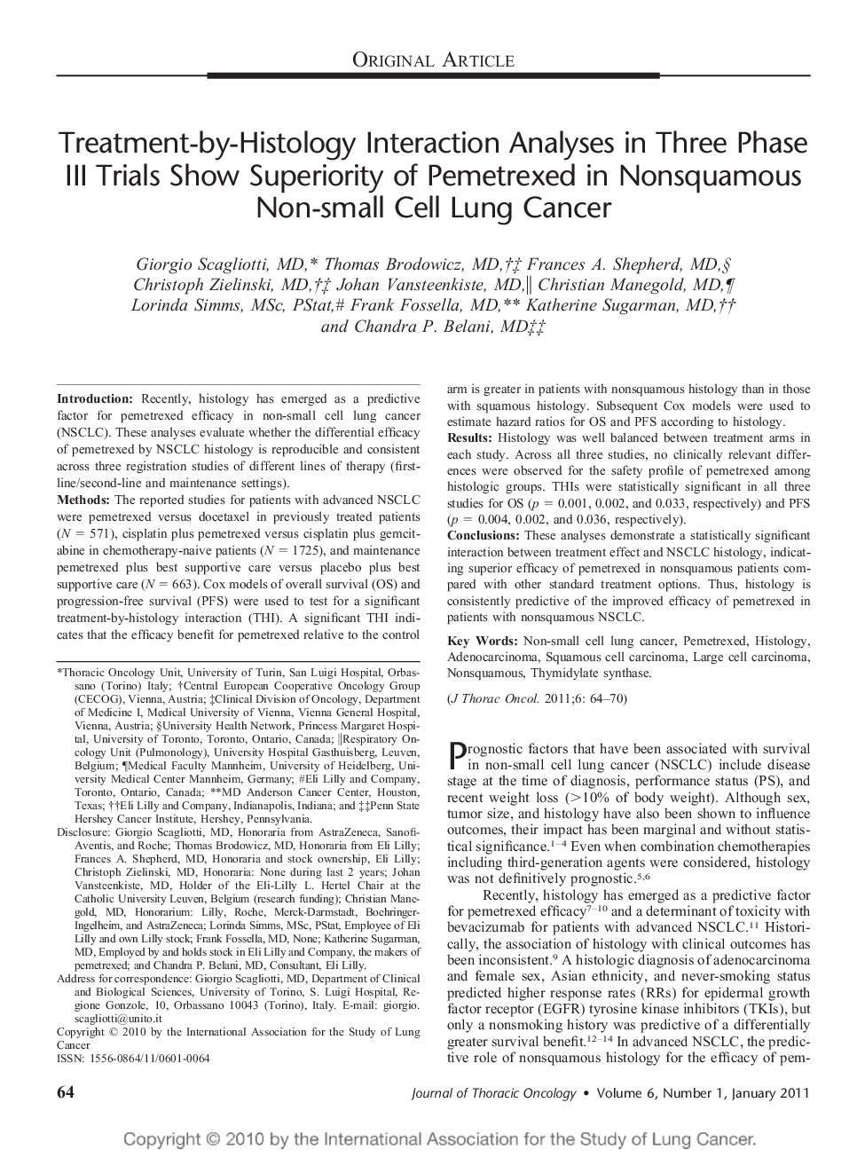 Treatment-by-Histology Interaction Analyses in Three Phase III Trials Show Superiority of Pemetrexed in Nonsquamous Non-small Cell Lung Cancer 