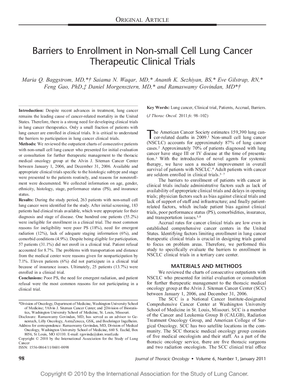 Barriers to Enrollment in Non-small Cell Lung Cancer Therapeutic Clinical Trials 