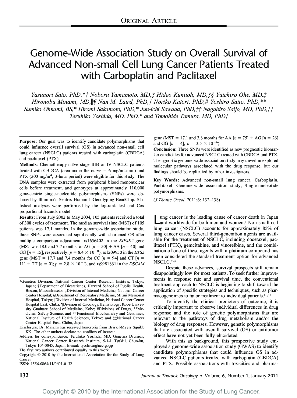 Genome-Wide Association Study on Overall Survival of Advanced Non-small Cell Lung Cancer Patients Treated with Carboplatin and Paclitaxel 