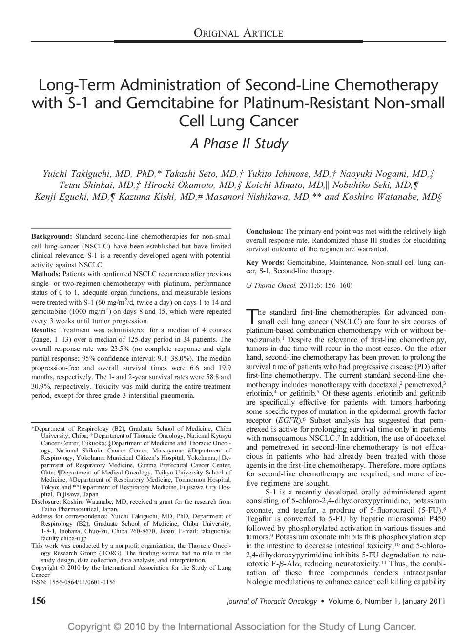 Long-Term Administration of Second-Line Chemotherapy with S-1 and Gemcitabine for Platinum-Resistant Non-small Cell Lung Cancer: A Phase II Study 