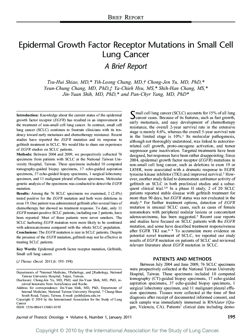 Epidermal Growth Factor Receptor Mutations in Small Cell Lung Cancer: A Brief Report 