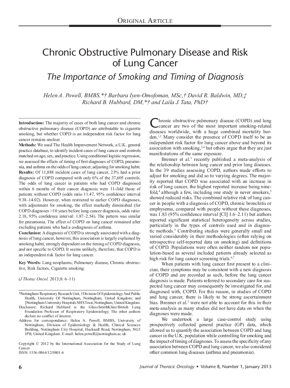 Chronic Obstructive Pulmonary Disease and Risk of Lung Cancer: The Importance of Smoking and Timing of Diagnosis 