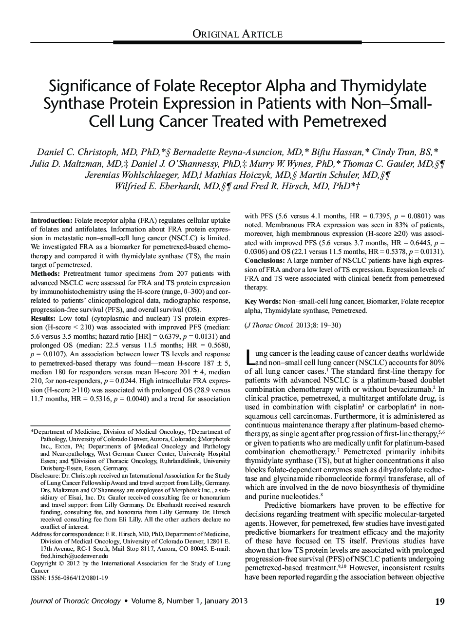 Significance of Folate Receptor Alpha and Thymidylate Synthase Protein Expression in Patients with Non–Small-Cell Lung Cancer Treated with Pemetrexed 
