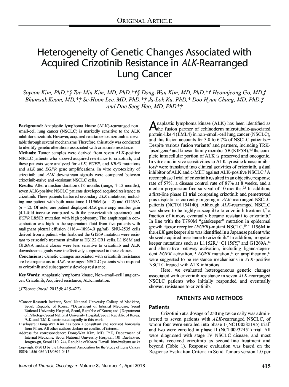 Heterogeneity of Genetic Changes Associated with Acquired Crizotinib Resistance in ALK-Rearranged Lung Cancer 