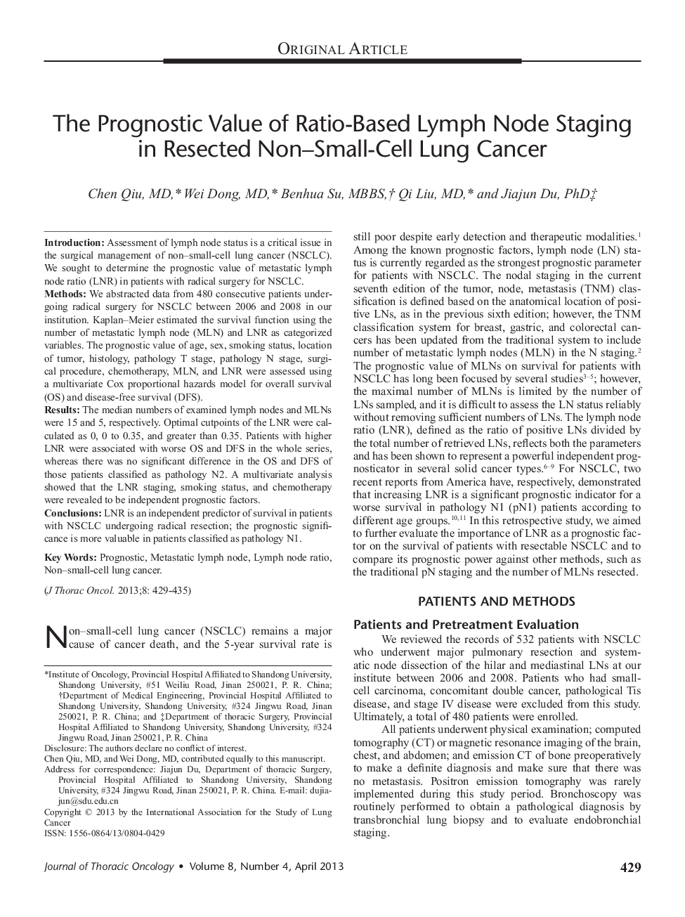 The Prognostic Value of Ratio-Based Lymph Node Staging in Resected Non-Small-Cell Lung Cancer