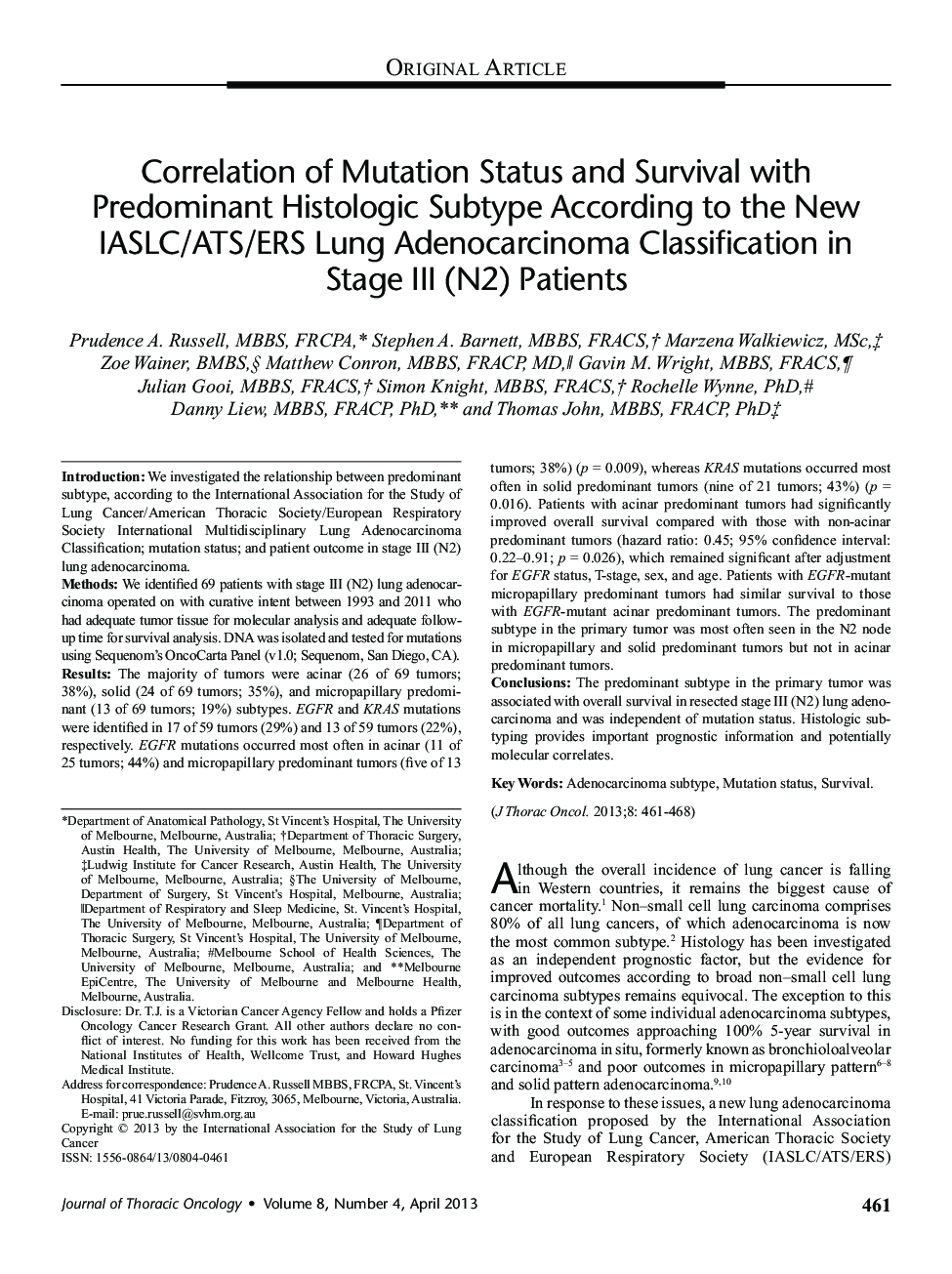 Correlation of Mutation Status and Survival with Predominant Histologic Subtype According to the New IASLC/ATS/ERS Lung Adenocarcinoma Classification in Stage III (N2) Patients 