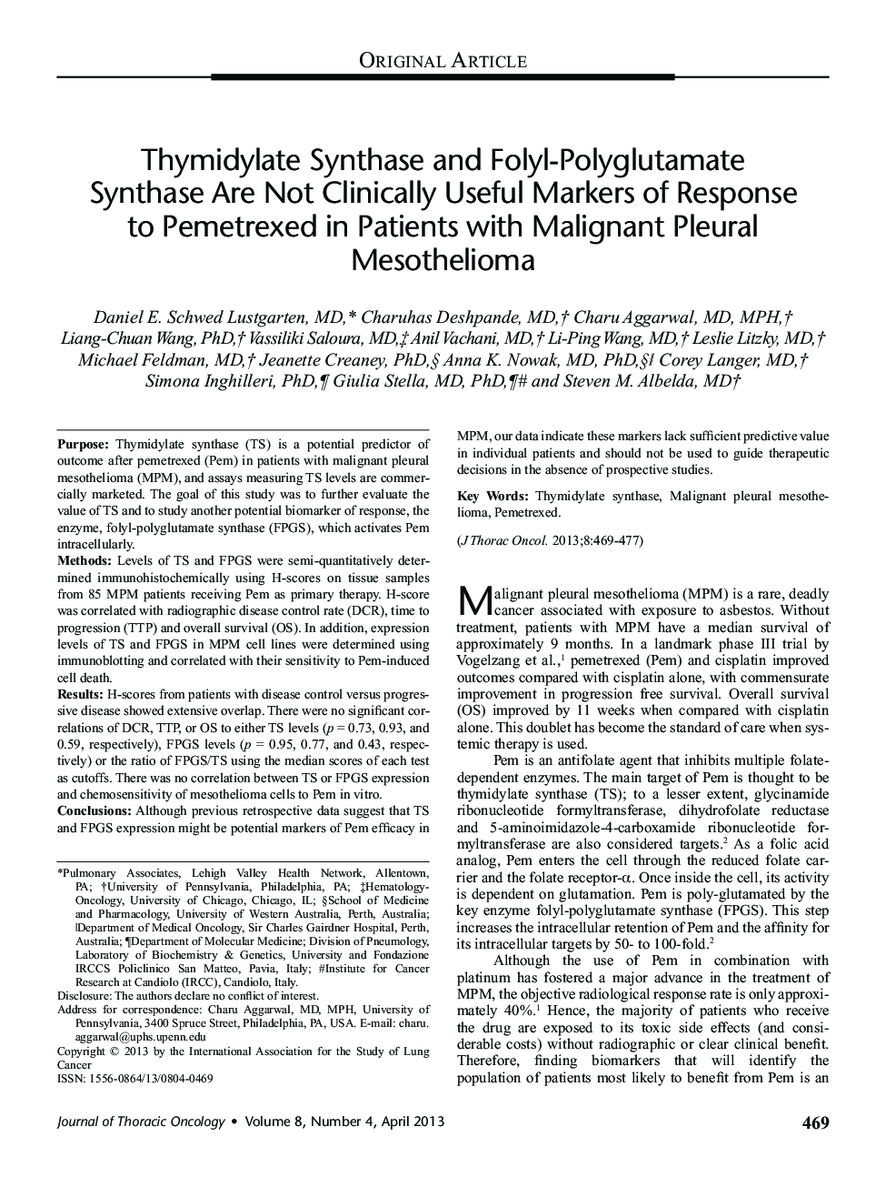 Thymidylate Synthase and Folyl-Polyglutamate Synthase Are Not Clinically Useful Markers of Response to Pemetrexed in Patients with Malignant Pleural Mesothelioma 