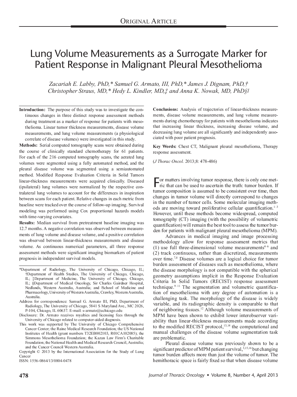 Lung Volume Measurements as a Surrogate Marker for Patient Response in Malignant Pleural Mesothelioma 