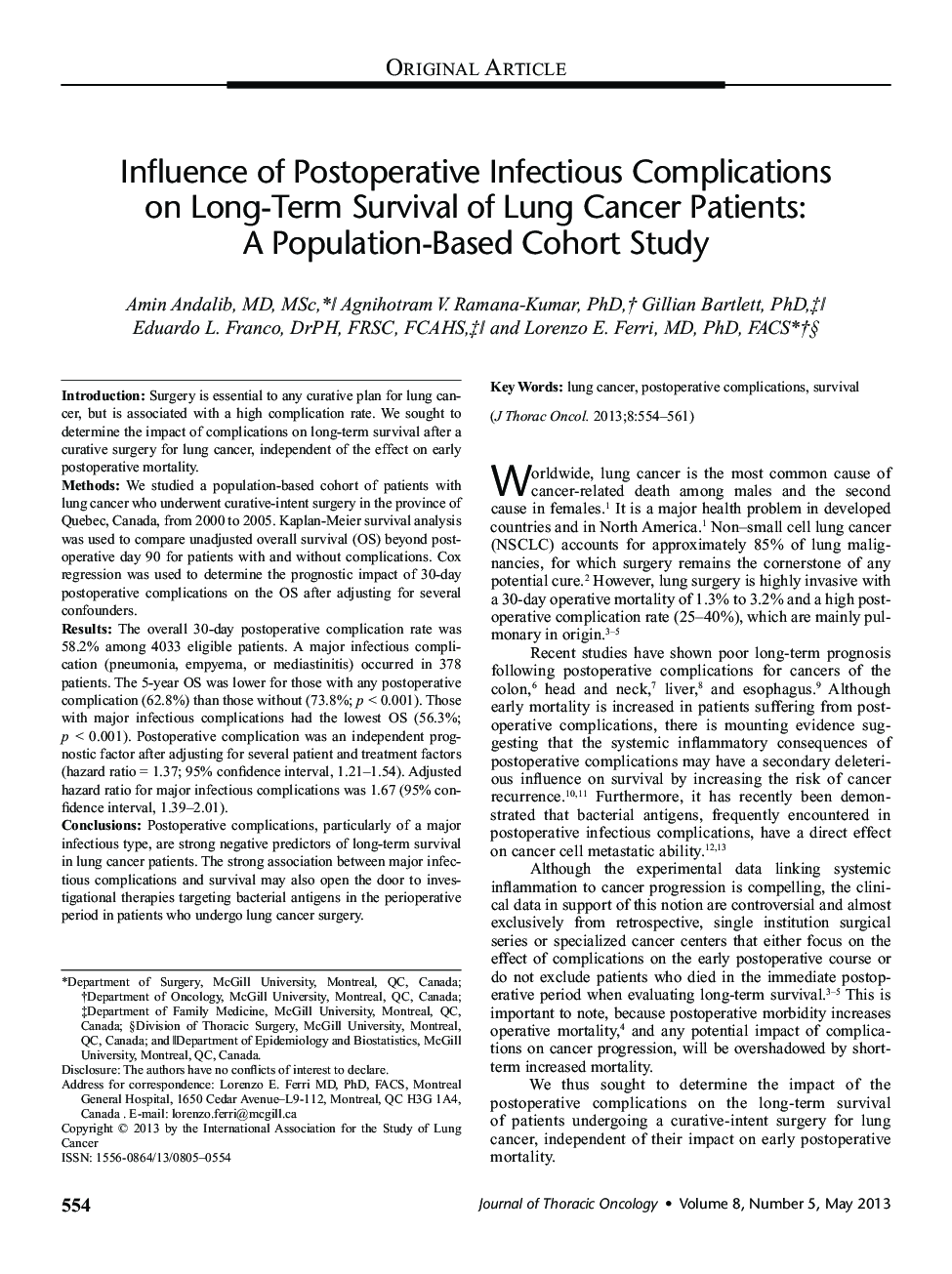 Influence of Postoperative Infectious Complications on Long-Term Survival of Lung Cancer Patients: A Population-Based Cohort Study 