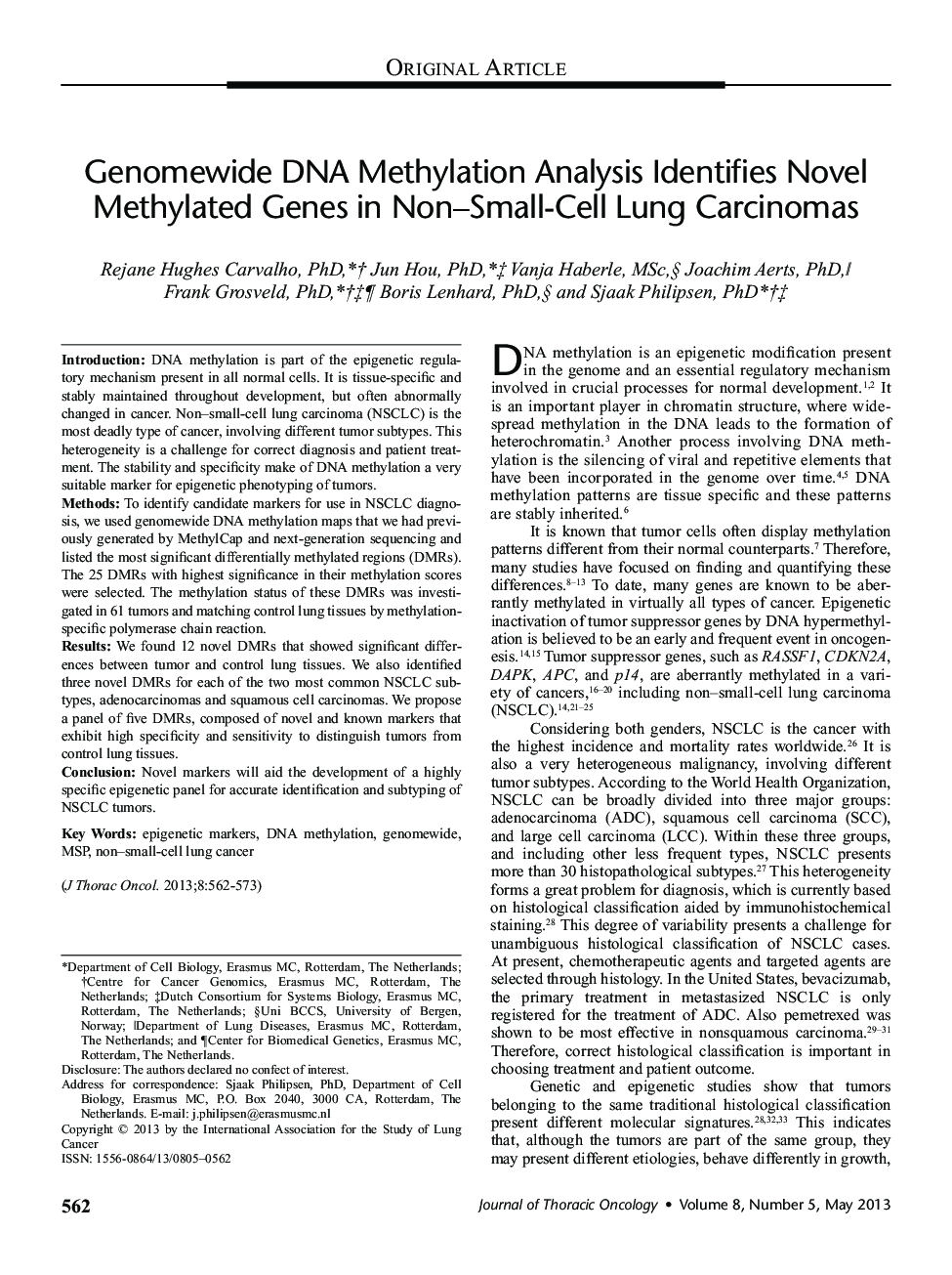 Genomewide DNA Methylation Analysis Identifies Novel Methylated Genes in Non–Small-Cell Lung Carcinomas 