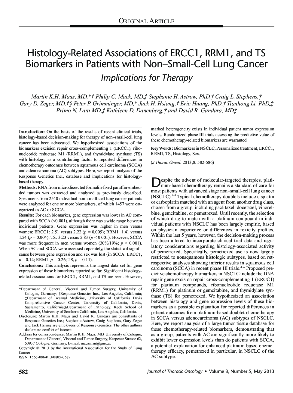 Histology-Related Associations of ERCC1, RRM1, and TS Biomarkers in Patients with Non–Small-Cell Lung Cancer: Implications for Therapy 