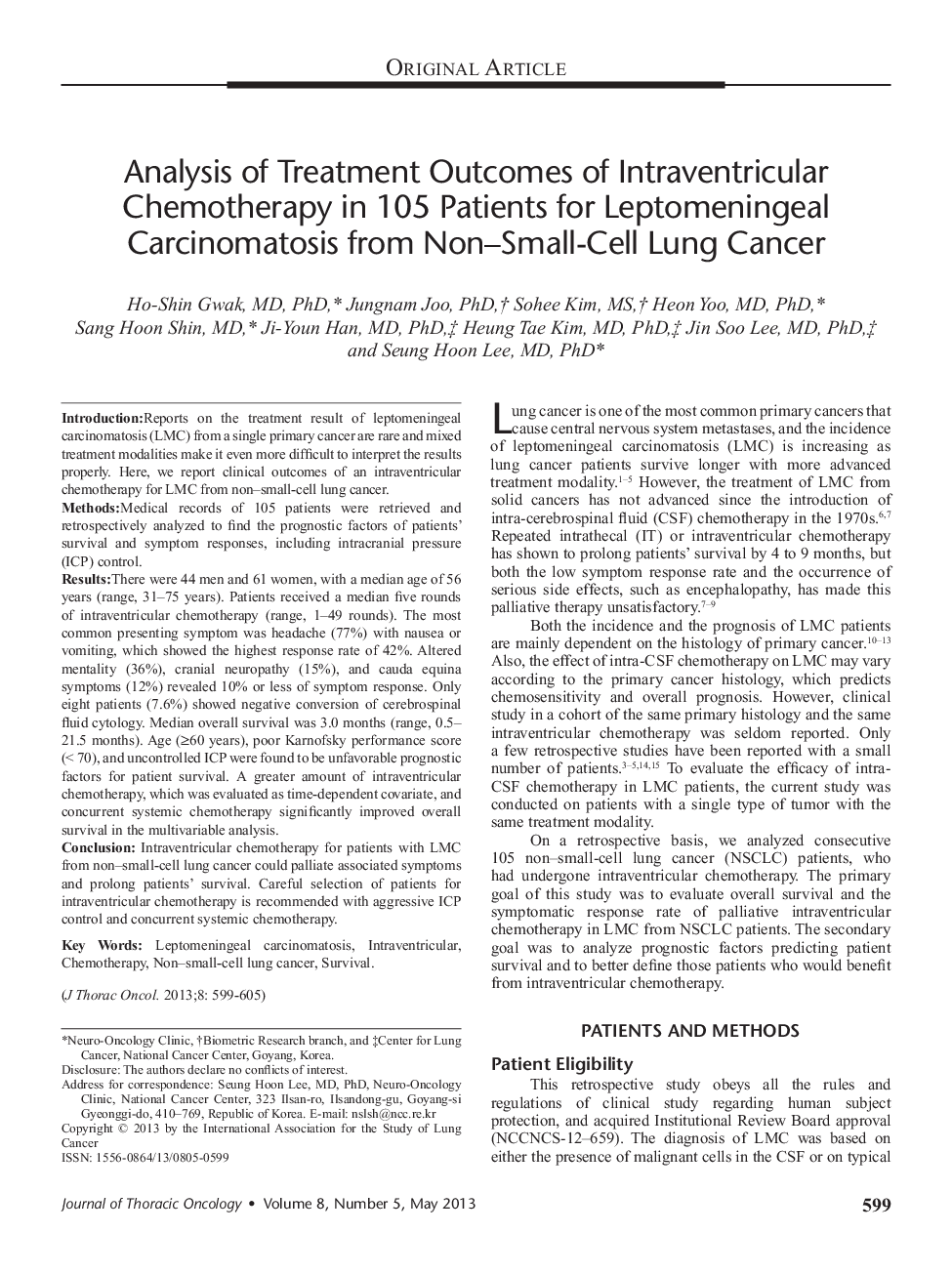 Analysis of Treatment Outcomes of Intraventricular Chemotherapy in 105 Patients for Leptomeningeal Carcinomatosis from Non–Small-Cell Lung Cancer 