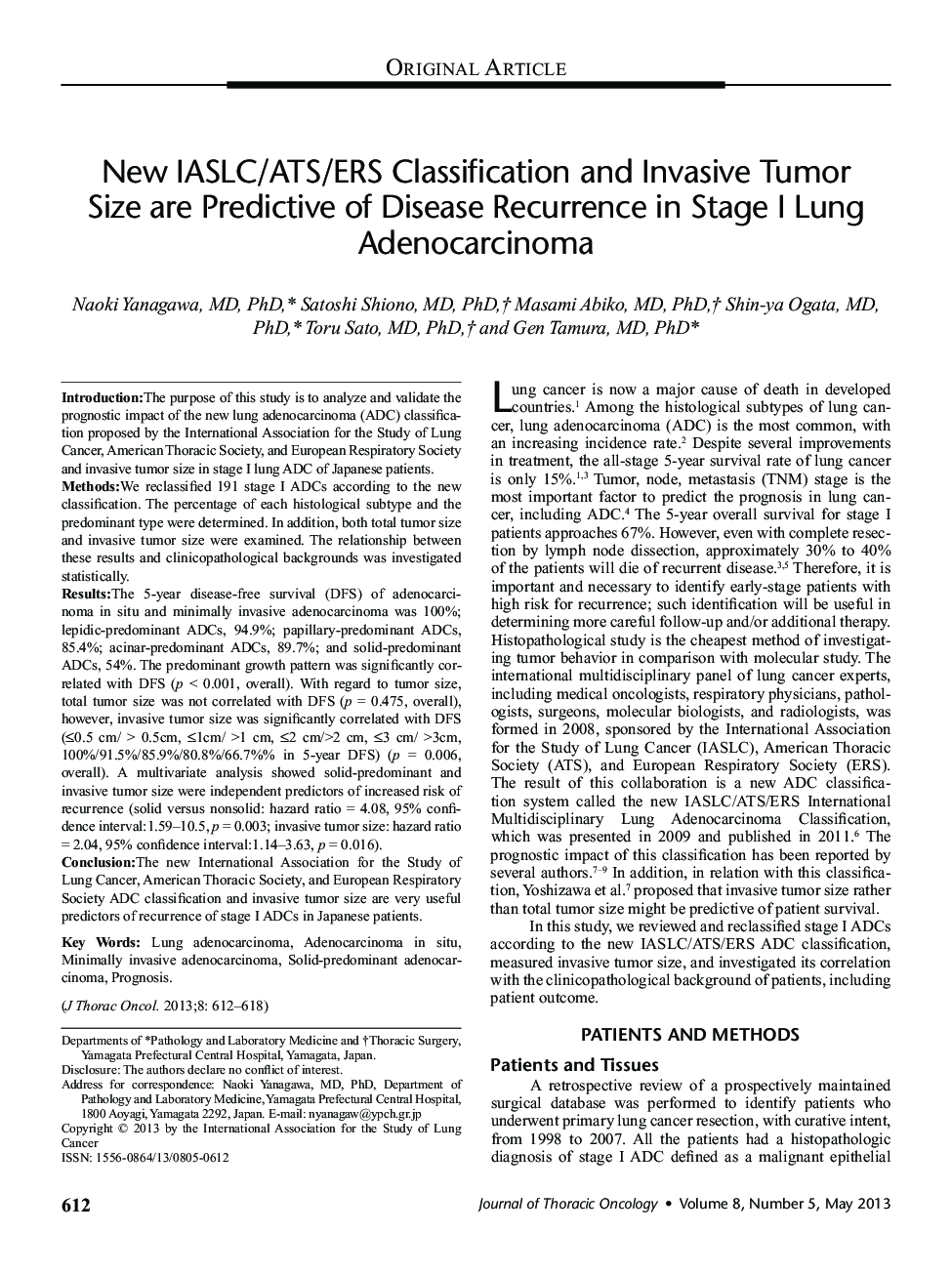 New IASLC/ATS/ERS Classification and Invasive Tumor Size are Predictive of Disease Recurrence in Stage I Lung Adenocarcinoma 