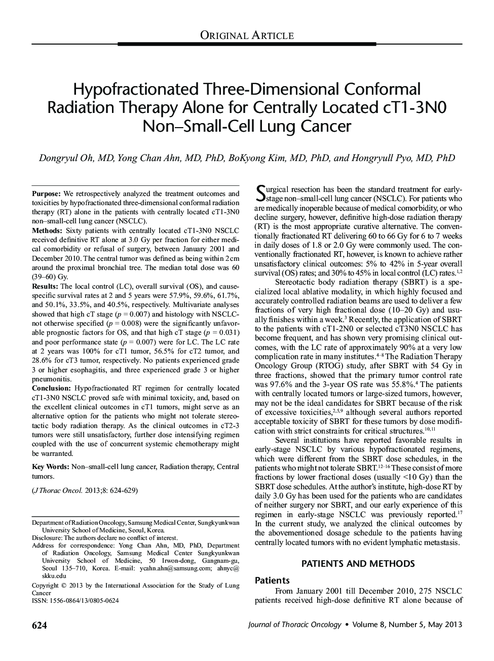 Hypofractionated Three-Dimensional Conformal Radiation Therapy Alone for Centrally Located cT1-3N0 Non–Small-Cell Lung Cancer 