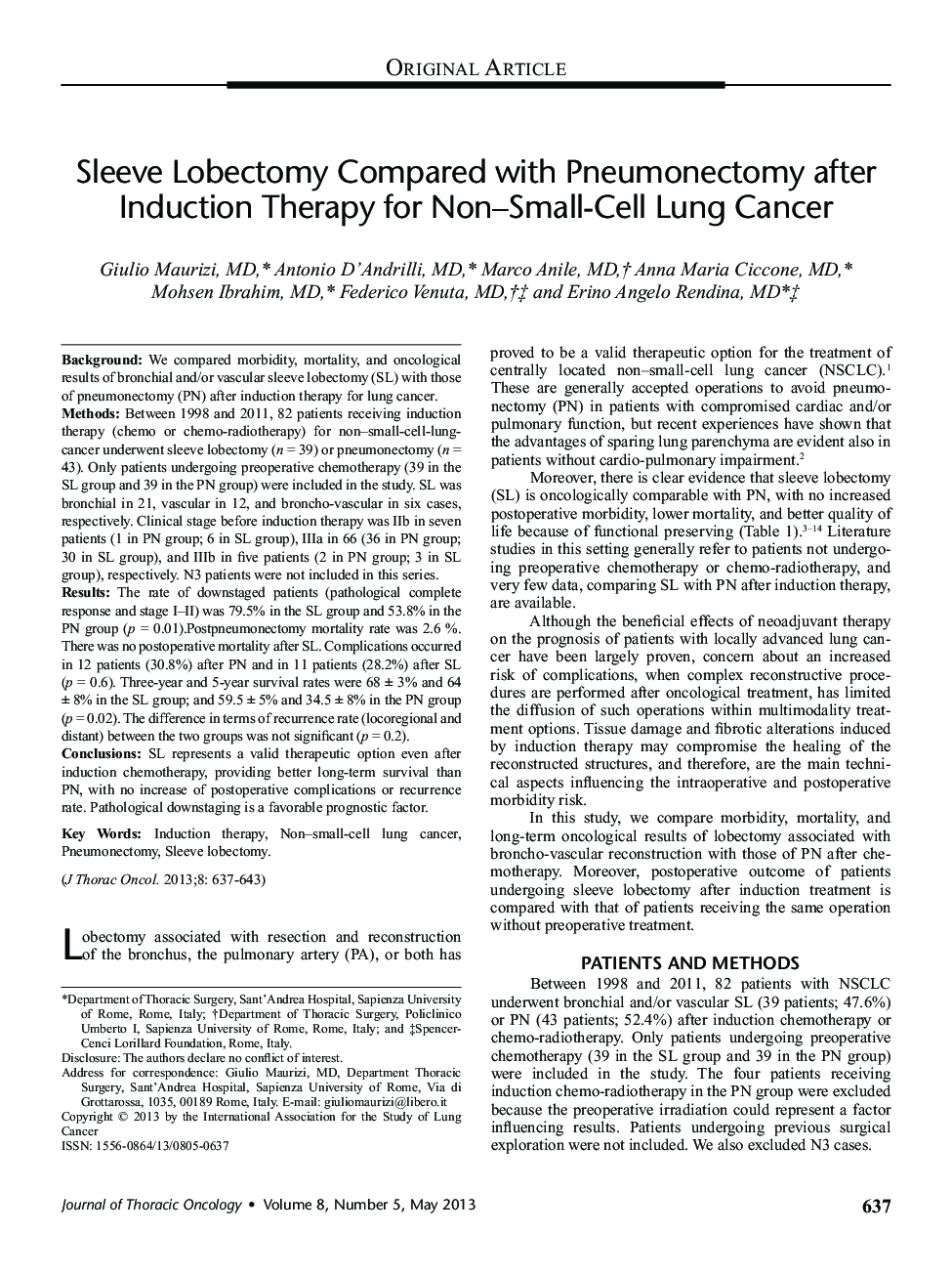 Sleeve Lobectomy Compared with Pneumonectomy after Induction Therapy for Non–Small-Cell Lung Cancer 