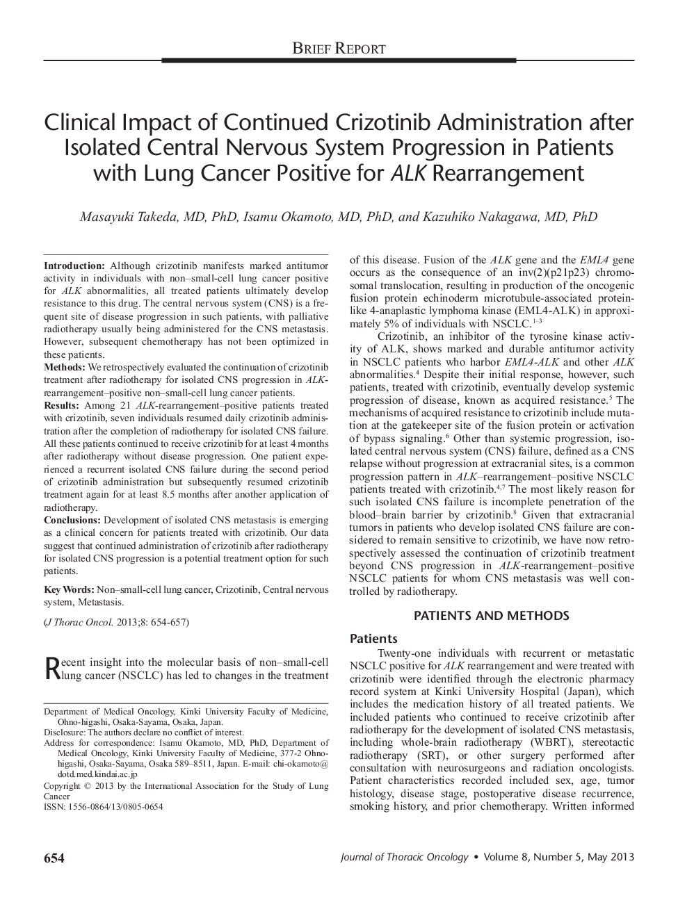 Clinical Impact of Continued Crizotinib Administration after Isolated Central Nervous System Progression in Patients with Lung Cancer Positive for ALK Rearrangement 